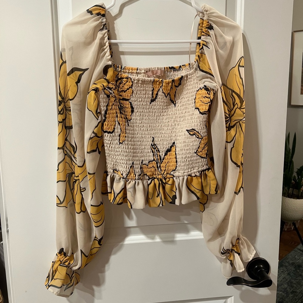 Anthropologie Balloon Sleeve Yellow Beige Floral Sheer Blouse - XS